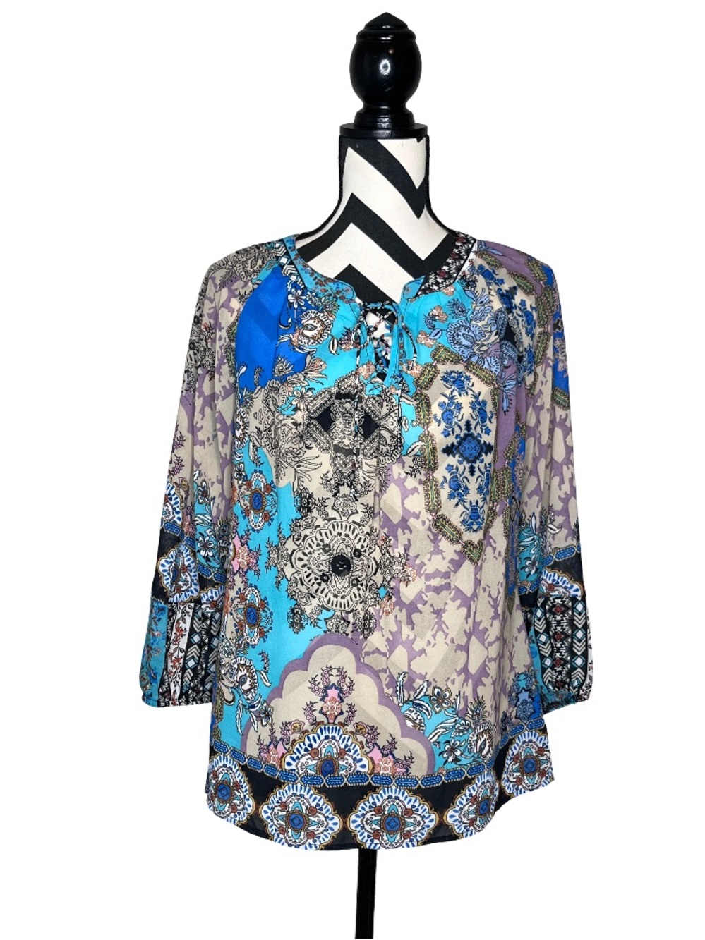 Fig and Flower Sz M Boho Floral Sheer Chiffon Flowy Peasant Blouse